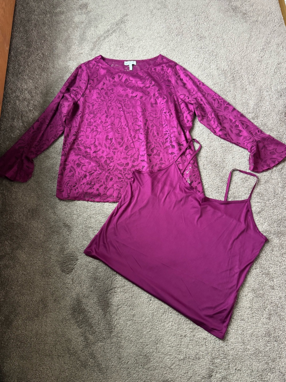 Jessica Simpson Lace Top & Cami Set Shimmer Purple Long Sleeve Plus SIZE 3X